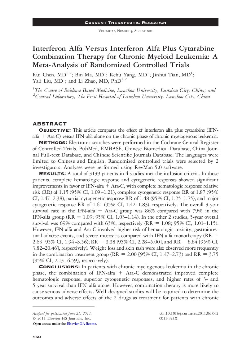 Interferon Alfa Versus Interferon Alfa Plus Cytarabine Combination Therapy for Chronic Myeloid Leukemia: A Meta-Analysis of Randomized Controlled Trials