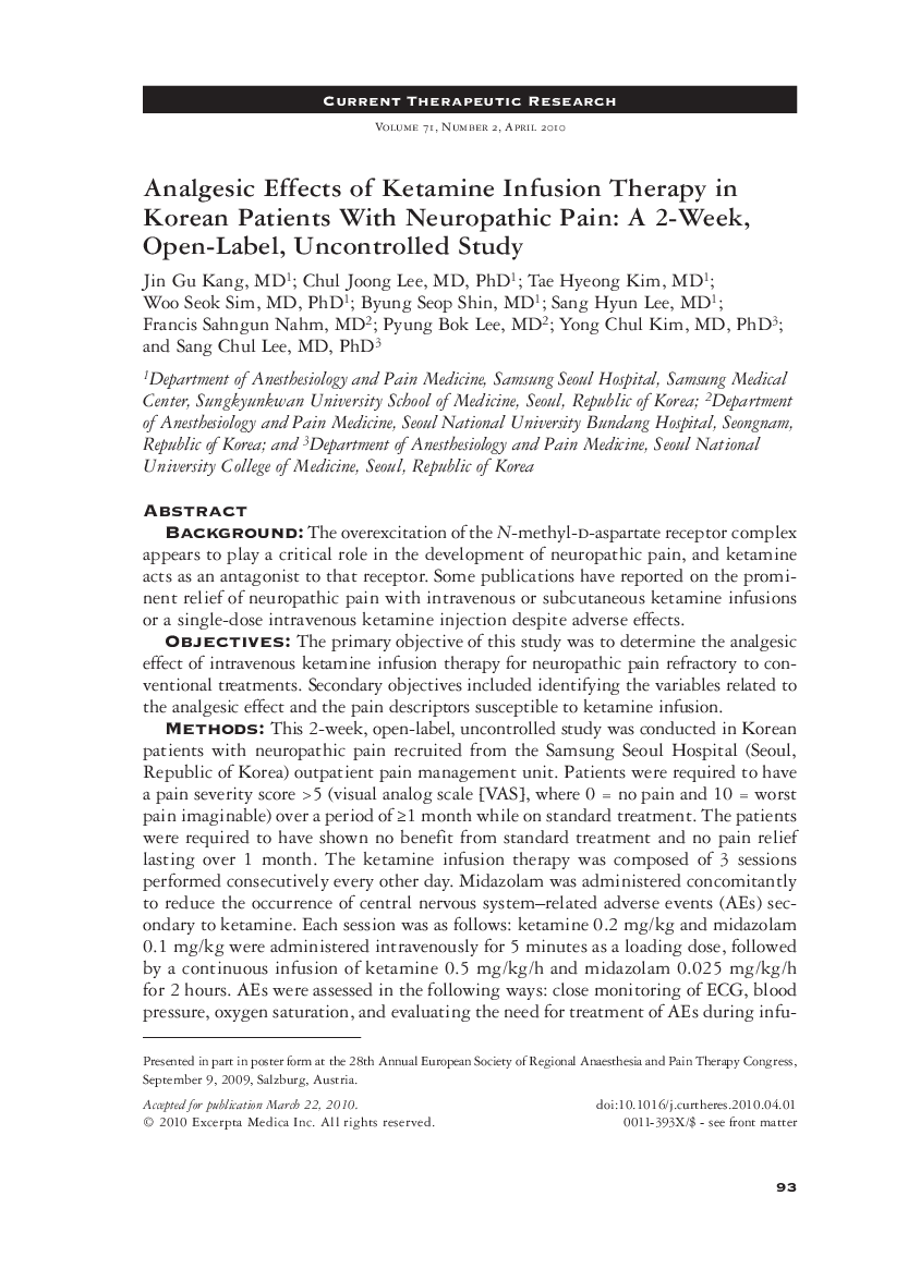 Analgesic effects of ketamine infusion therapy in korean patients with neuropathic pain: A 2-week, open-label, uncontrolled study