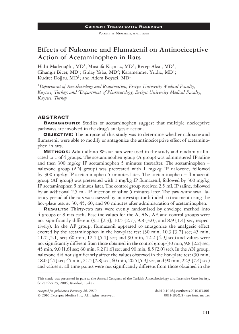 Effects of naloxone and flumazenil on antinociceptive action of acetaminophen in rats