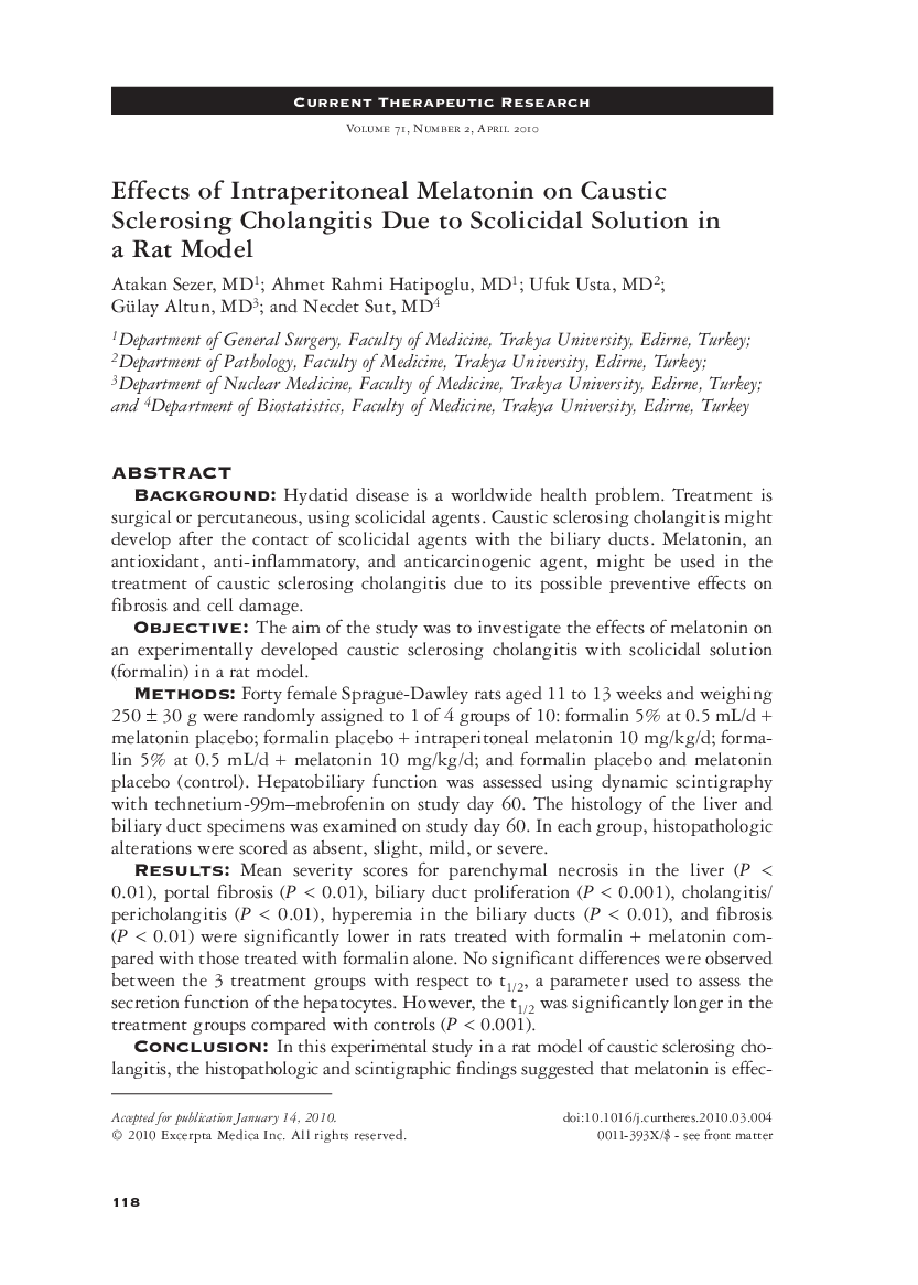 Effects of intraperitoneal melatonin on caustic sclerosing cholangitis due to scolicidal solution in a rat model