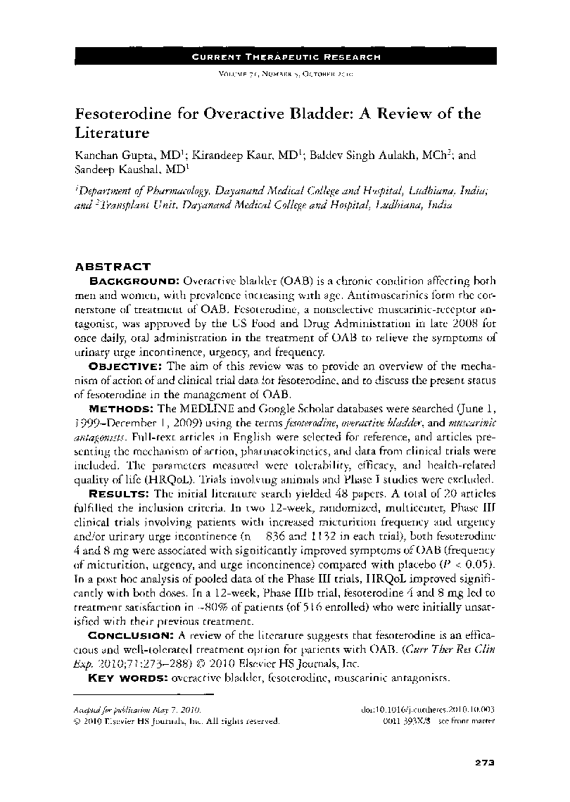 عکس صفحه اول مقاله: Fesoterodine for overactive bladder: A review of the literature Fesoterodine for overactive bladder: A review of the literature
