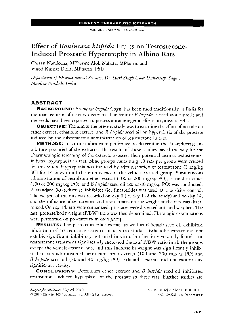 عکس صفحه اول مقاله: Effect of Benincasa hispida fruits on testosterone-induced prostatic hypertrophy in albino rats Effect of Benincasa hispida fruits on testosterone-induced prostatic hypertrophy in albino rats