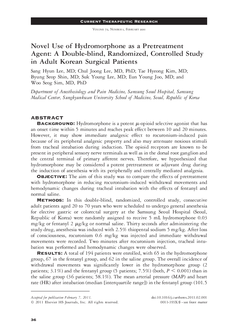 Novel Use of Hydromorphone as a Pretreatment Agent: A Double-blind, Randomized, Controlled Study in Adult Korean Surgical Patients