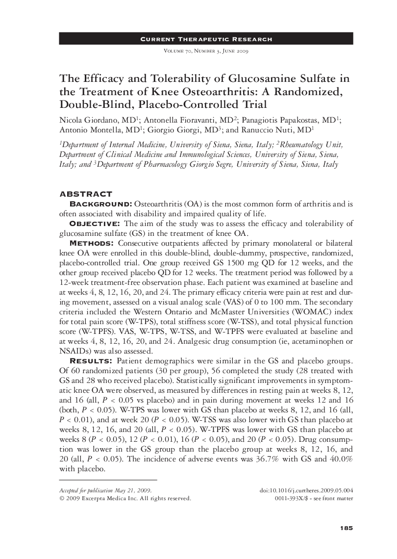 The efficacy and tolerability of glucosamine sulfate in the treatment of knee osteoarthritis: A randomized, double-blind, placebo-controlled trial