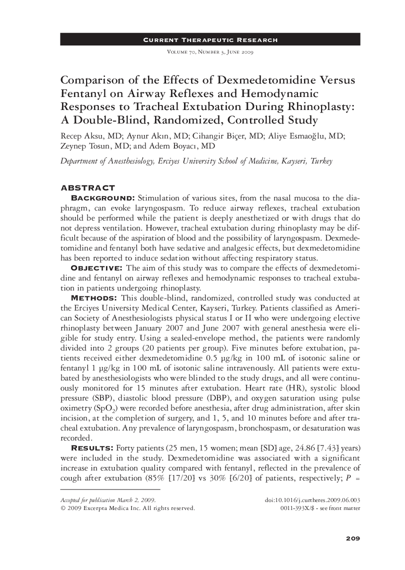 Comparison of the effects of dexmedetomidine versus fentanyl on airway reflexes and hemodynamic responses to tracheal extubation during rhinoplasty: A double-blind, randomized, controlled study