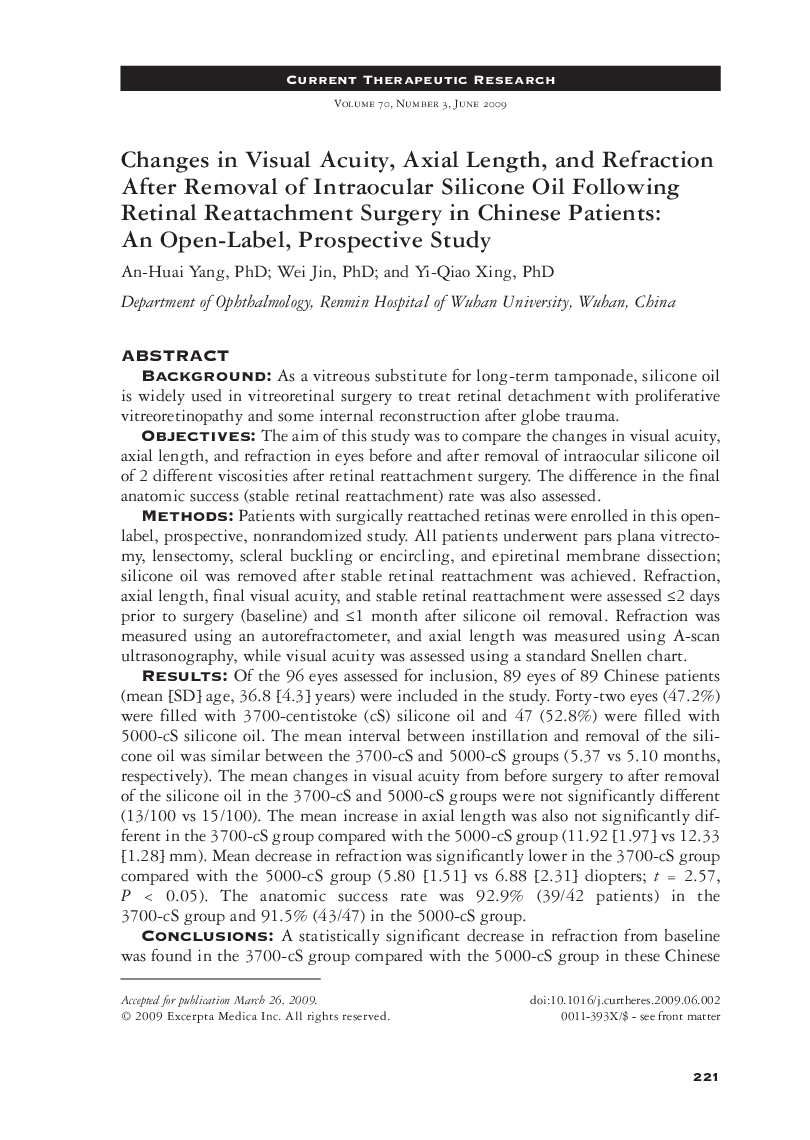 Changes in visual acuity, axial length, and refraction after removal of intraocular silicone oil following retinal reattachment surgery in Chinese patients: An open-label, prospective study