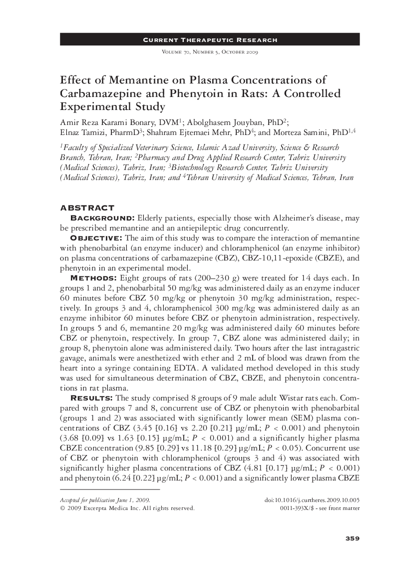 عکس صفحه اول مقاله: Effect of memantine on plasma concentrations of carbamazepine and phenytoin in rats: A controlled experimental study Effect of memantine on plasma concentrations of carbamazepine and phenytoin in rats: A controlled experimental study