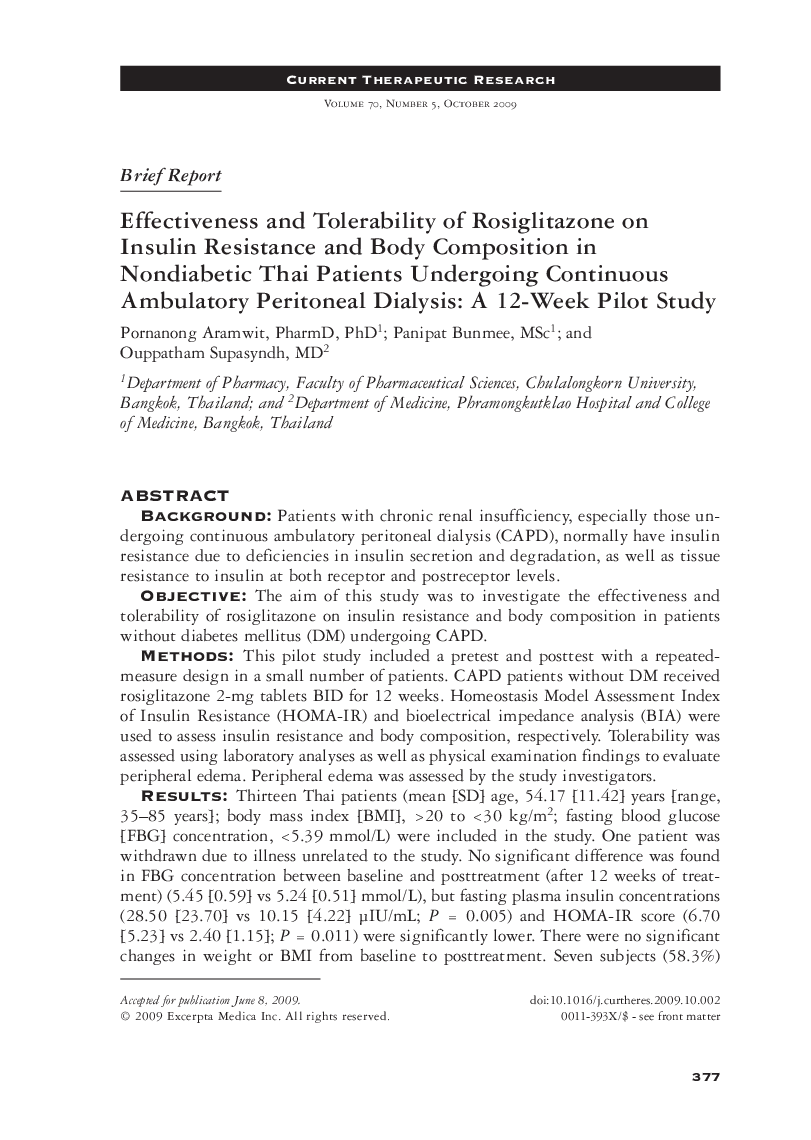 عکس صفحه اول مقاله: Effectiveness and tolerability of rosiglitazone on insulin resistance and body composition in nondiabetic Thai patients undergoing continuous ambulatory peritoneal dialysis: A 12-week pilot study Effectiveness and tolerability of rosiglitazone on insulin resistance and body composition in nondiabetic Thai patients undergoing continuous ambulatory peritoneal dialysis: A 12-week pilot study