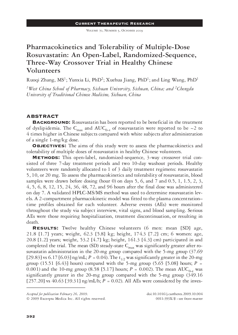 عکس صفحه اول مقاله: Pharmacokinetics and tolerability of multiple-dose rosuvastatin: An open-label, randomized-sequence, three-way crossover trial in healthy Chinese volunteers Pharmacokinetics and tolerability of multiple-dose rosuvastatin: An open-label, randomized-sequence, three-way crossover trial in healthy Chinese volunteers