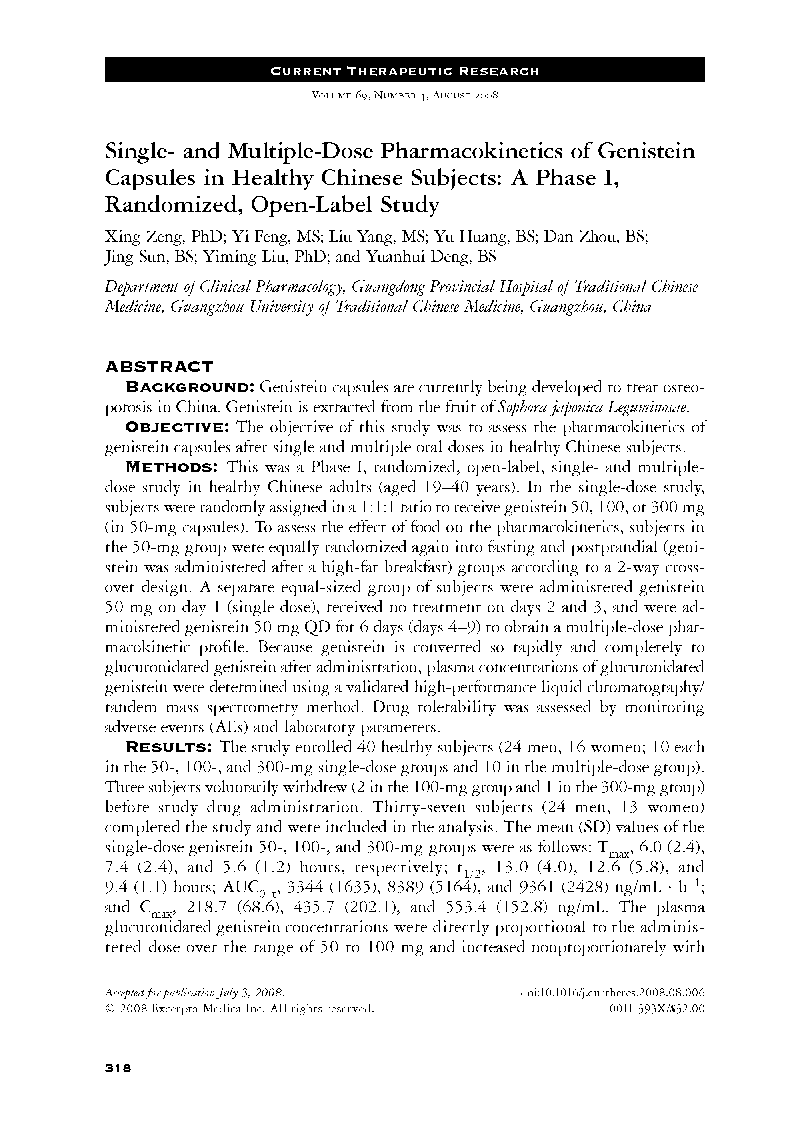 عکس صفحه اول مقاله: Single- and multiple-dose pharmacokinetics of genistein capsules in healthy chinese subjects: A phase I, randomized, open-label study Single- and multiple-dose pharmacokinetics of genistein capsules in healthy chinese subjects: A phase I, randomized, open-label study