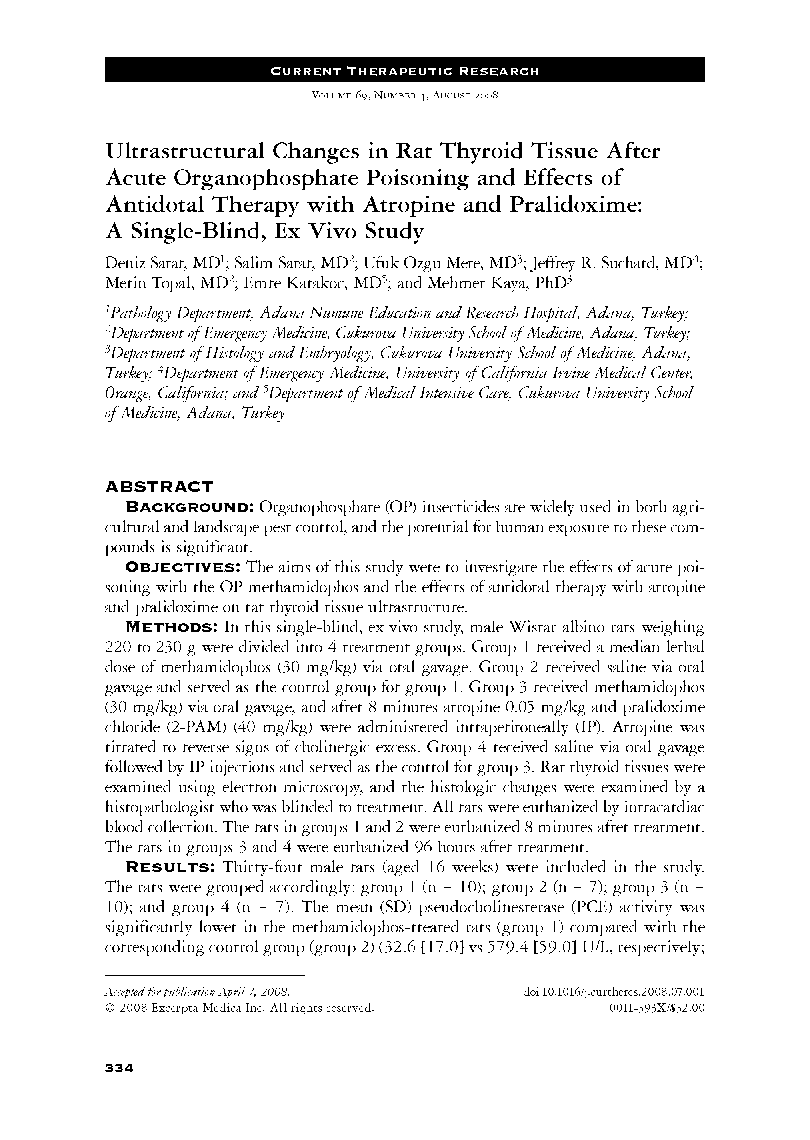Ultrastructural changes in rat thyroid tissue after acute organophosphate poisoning and effects of antidotal therapy with atropine and pralidoxime: A single-blind, ex vivo study