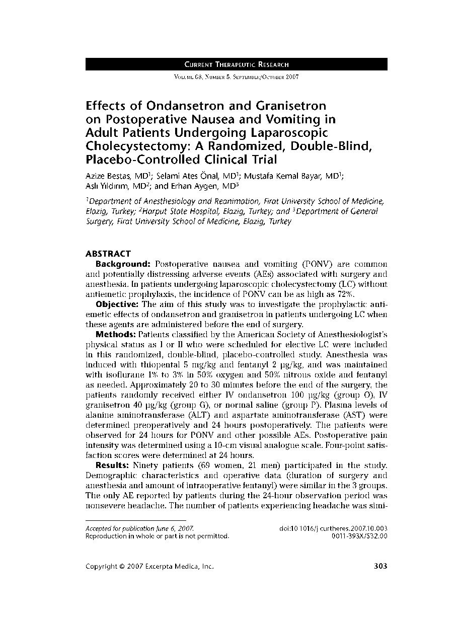 Effects of Ondansetron and Granisetron on Postoperative Nausea and Vomiting in Adult Patients Undergoing Laparoscopic Cholecystectomy: A Randomized, Double-Blind, Placebo-Controlled Clinical Trial