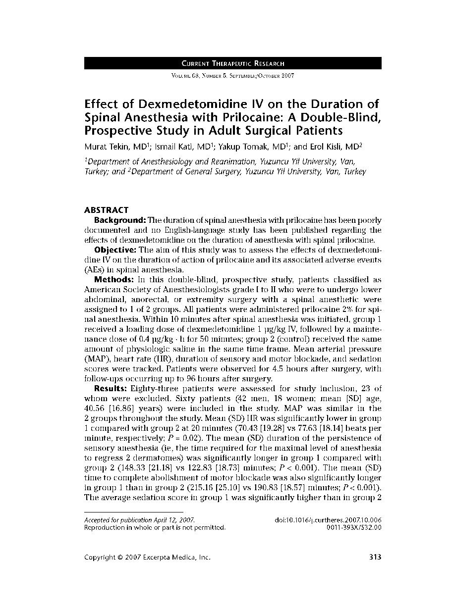 عکس صفحه اول مقاله: Effect of Dexmedetomidine IV on the Duration of Spinal Anesthesia with Prilocaine: A Double-Blind, Prospective Study in Adult Surgical Patients Effect of Dexmedetomidine IV on the Duration of Spinal Anesthesia with Prilocaine: A Double-Blind, Prospective Study in Adult Surgical Patients