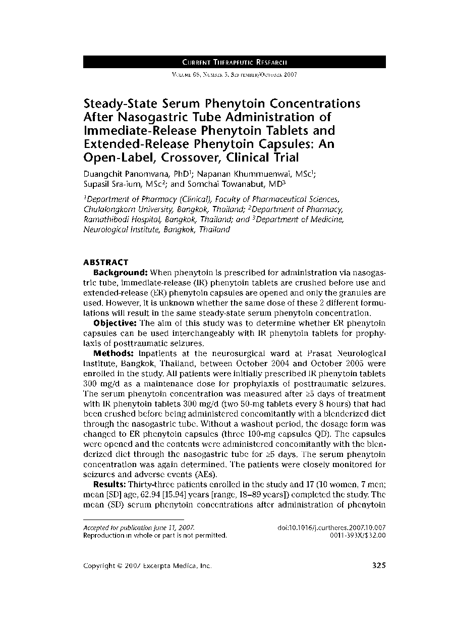 Steady-State Serum Phenytoin Concentrations After Nasogastric Tube Administration of Immediate-Release Phenytoin Tablets and Extended-Release Phenytoin Capsules: An Open-Label, Crossover, Clinical Trial
