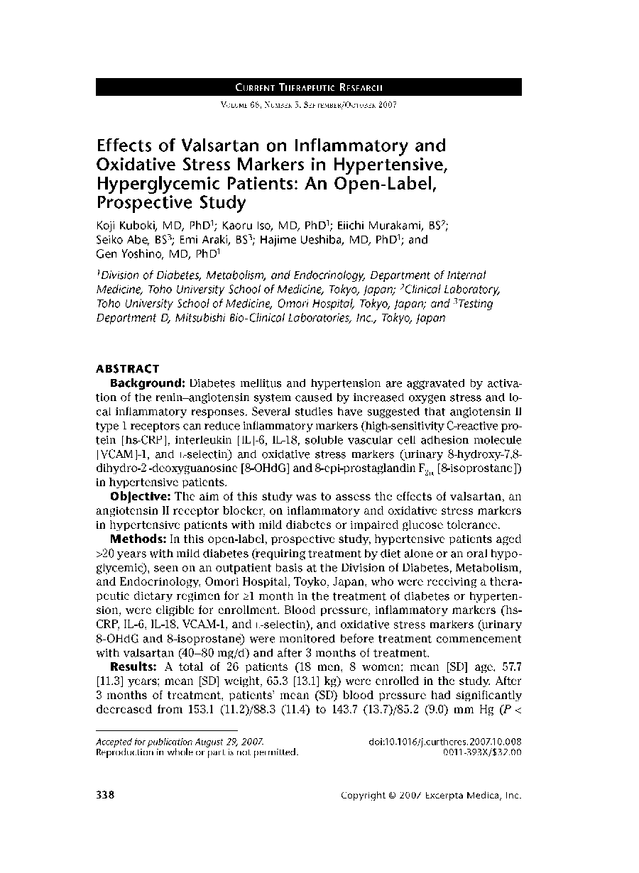 Effects of Valsartan on Inflammatory and Oxidative Stress Markers in Hypertensive, Hyperglycemic Patients: An Open-Label, Prospective Study