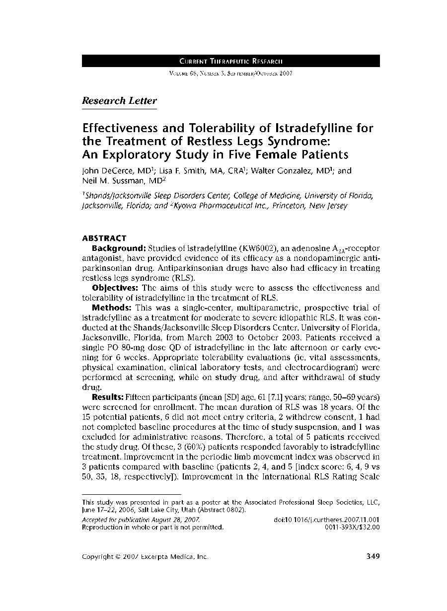 Effectiveness and Tolerability of Istradefylline for the Treatment of Restless Legs Syndrome: An Exploratory Study in Five Female Patients 