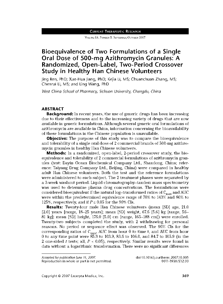 Bioequivalence of Two Formulations of a Single Oral Dose of 500-mg Azithromycin Granules: A Randomized, Open-Label, Two-Period Crossover Study in Healthy Han Chinese Volunteers