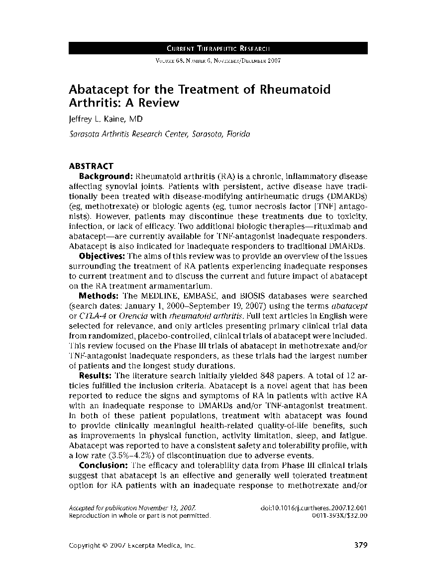عکس صفحه اول مقاله: Abatacept for the treatment of rheumatoid arthritis: A review Abatacept for the treatment of rheumatoid arthritis: A review