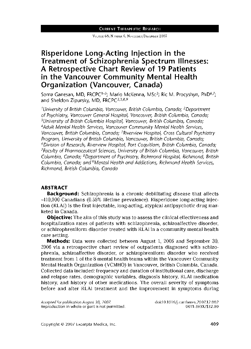 عکس صفحه اول مقاله: Risperidone long-acting injection in the treatment of schizophrenia spectrum illnesses: A retrospective chart review of 19 patients in the Vancouver Community Mental Health Organization (Vancouver, Canada) Risperidone long-acting injection in the treatment of schizophrenia spectrum illnesses: A retrospective chart review of 19 patients in the Vancouver Community Mental Health Organization (Vancouver, Canada)