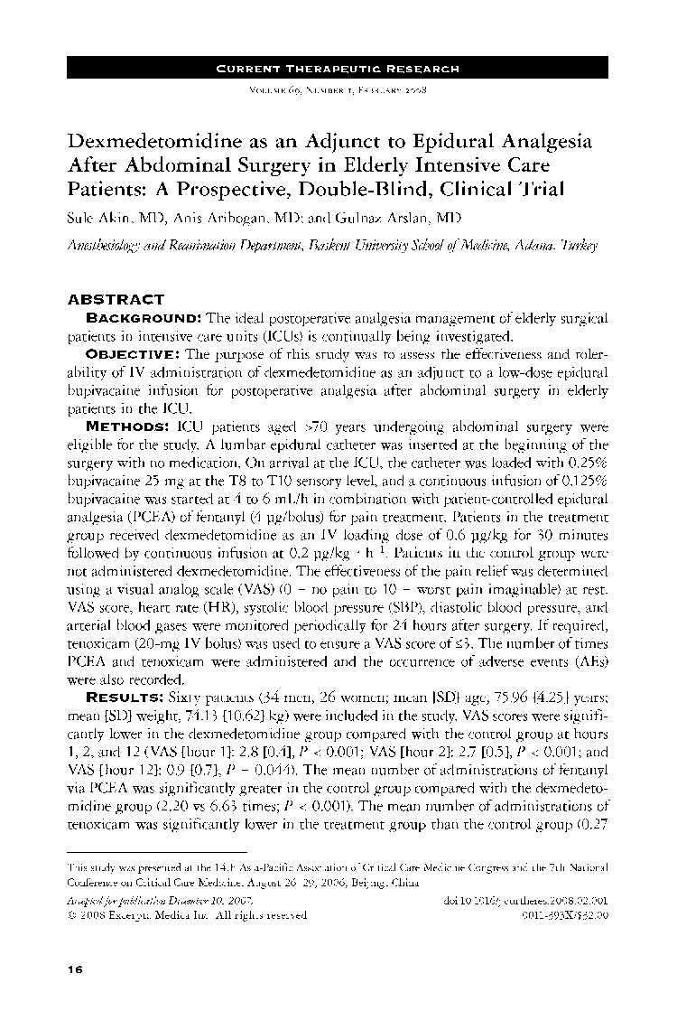 Dexmedetomidine as an adjunct to epidural analgesia after abdominal surgery in elderly intensive care patients: A prospective, double-blind, clinical trial 