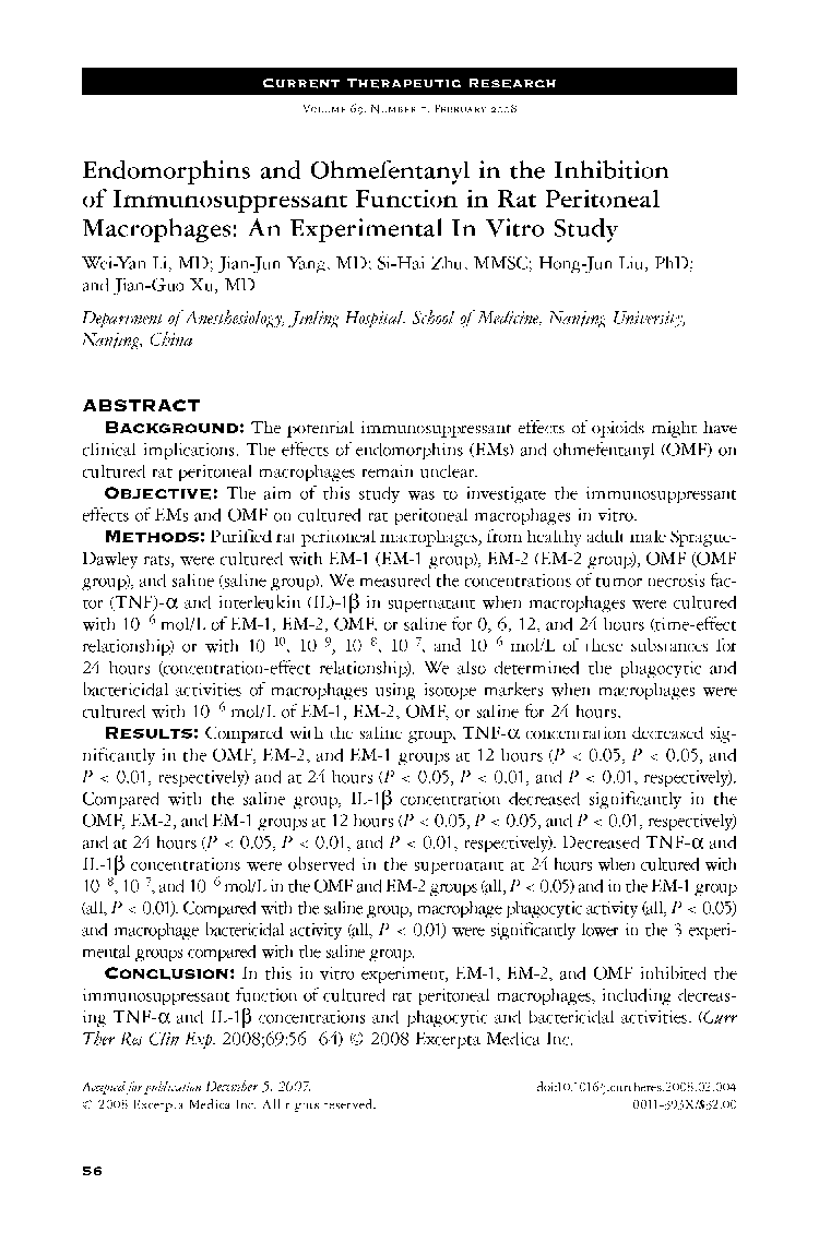 Endomorphins and ohmefentanyl in the inhibition of immunosuppressant function in rat peritoneal macrophages: An experimental in vitro study