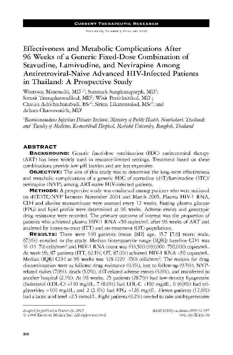 Effectiveness and metabolic complications after 96 weeks of a generic fixed-dose combination of stavudine, lamivudine, and nevirapine among antiretroviral-naive advanced HIV-infected patients in Thailand: A prospective study