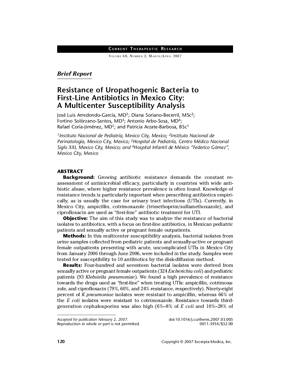 Resistance of uropathogenic bacteria to first-line antibiotics in mexico city: A multicenter susceptibility analysis