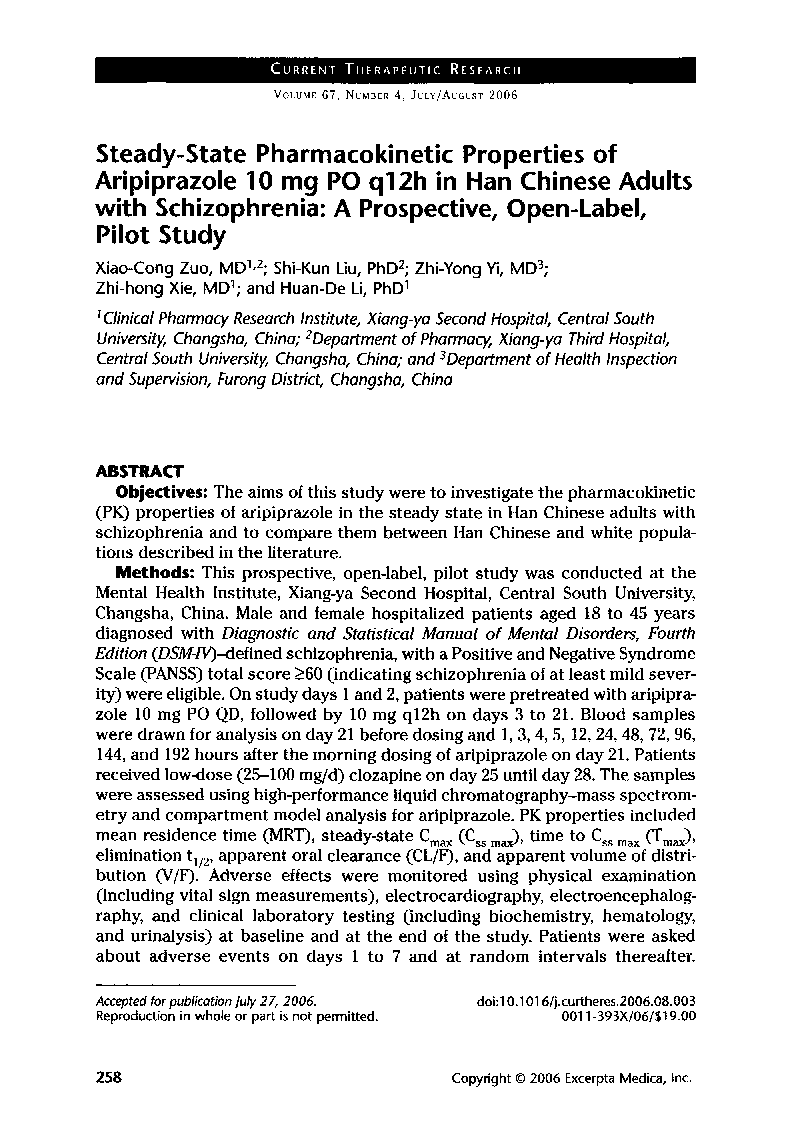 Steady-state pharmacokinetic properties of aripiprazole 10 mg PO g12h in Han Chinese adults with schizophrenia: A prospective, open-label, pilot study