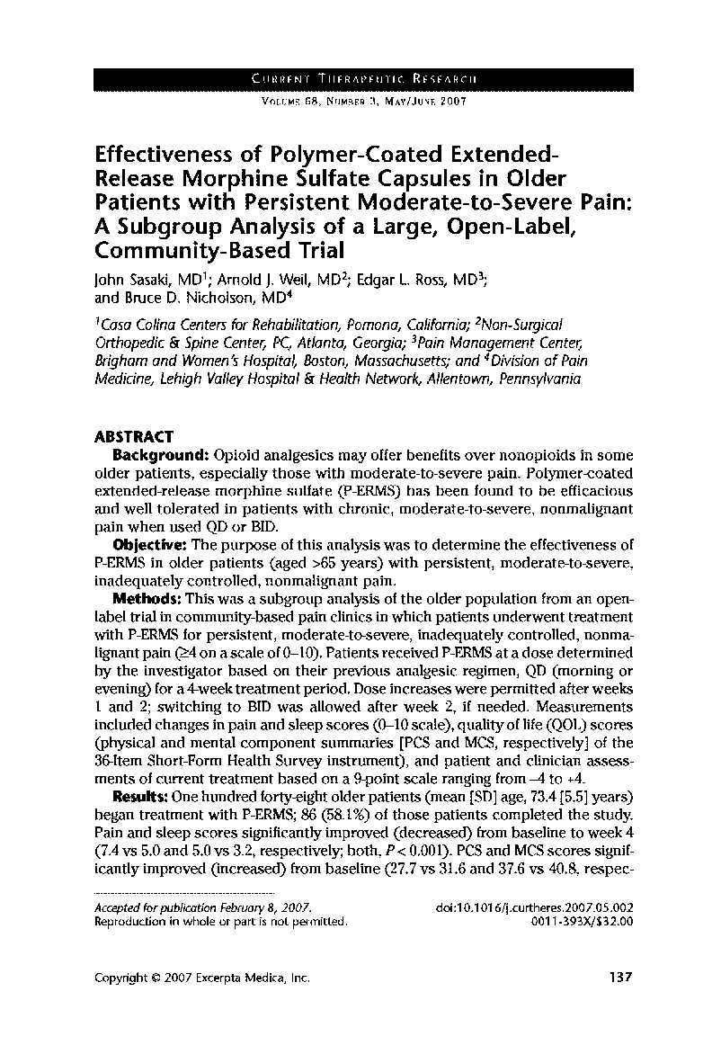 عکس صفحه اول مقاله: Effectiveness of polymer-coated extended-release morphine sulfate capsules in older patients with persistent moderate-to-severe pain: A subgroup analysis of a large, open-label, community-based trial Effectiveness of polymer-coated extended-release morphine sulfate capsules in older patients with persistent moderate-to-severe pain: A subgroup analysis of a large, open-label, community-based trial