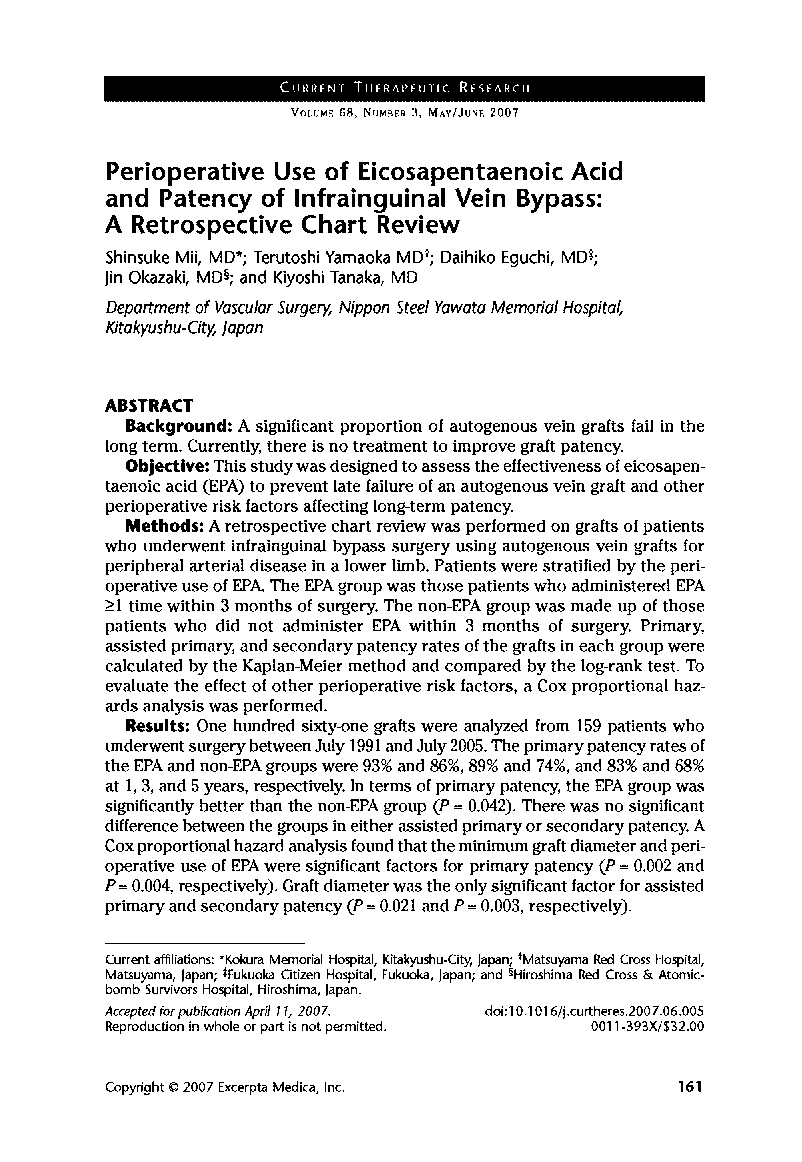 عکس صفحه اول مقاله: Perioperative use of eicosapentaenoic acid and patency of infrainguinal vein bypass: A retrospective chart review Perioperative use of eicosapentaenoic acid and patency of infrainguinal vein bypass: A retrospective chart review