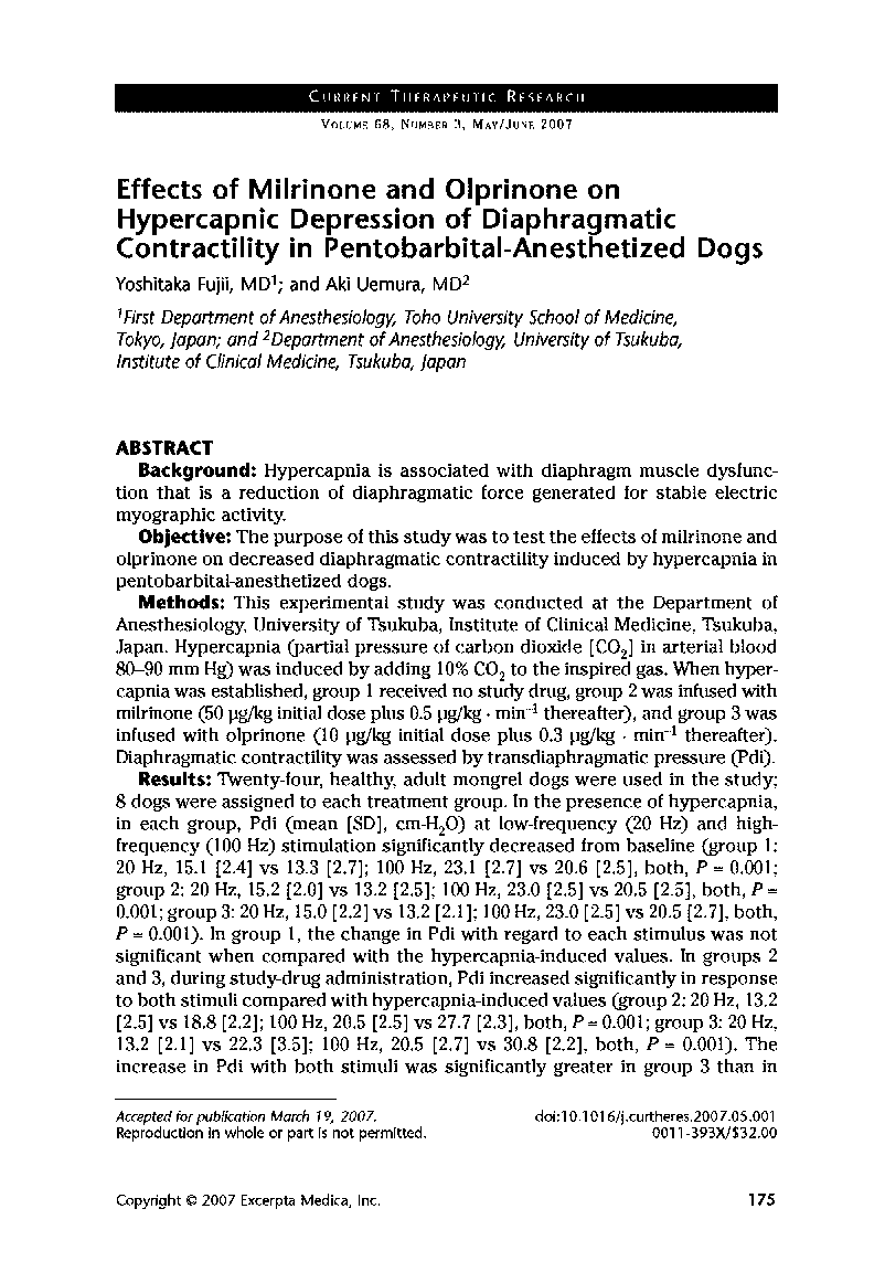 عکس صفحه اول مقاله: Effects of milrinone and olprinone on hypercapnic depression of diaphragmatic contractility in pentobarbital-anesthetized dogs Effects of milrinone and olprinone on hypercapnic depression of diaphragmatic contractility in pentobarbital-anesthetized dogs