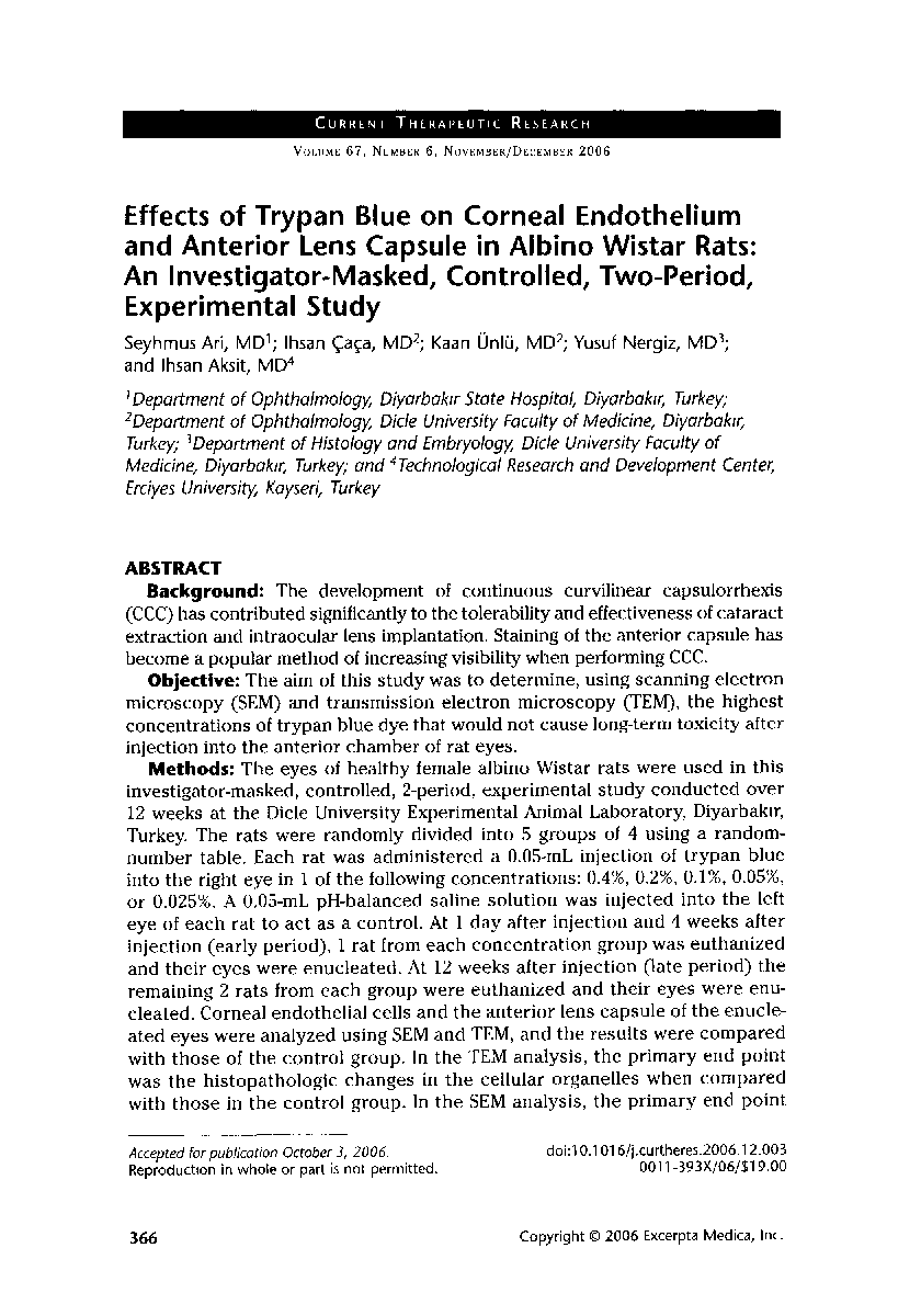 عکس صفحه اول مقاله: Effects of trypan blue on corneal endothelium and anterior lens capsule in albino wistar rats: An investigator-masked, controlled, two-period, experimental study Effects of trypan blue on corneal endothelium and anterior lens capsule in albino wistar rats: An investigator-masked, controlled, two-period, experimental study