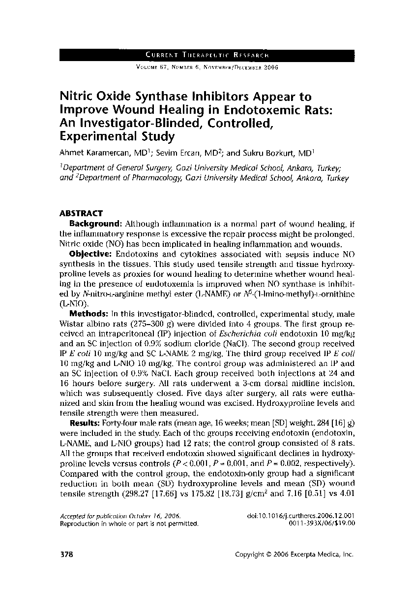 عکس صفحه اول مقاله: Nitric oxide synthase inhibitors appear to improve wound healing in endotoxemic rats: An investigator-blinded, controlled, experimental study Nitric oxide synthase inhibitors appear to improve wound healing in endotoxemic rats: An investigator-blinded, controlled, experimental study