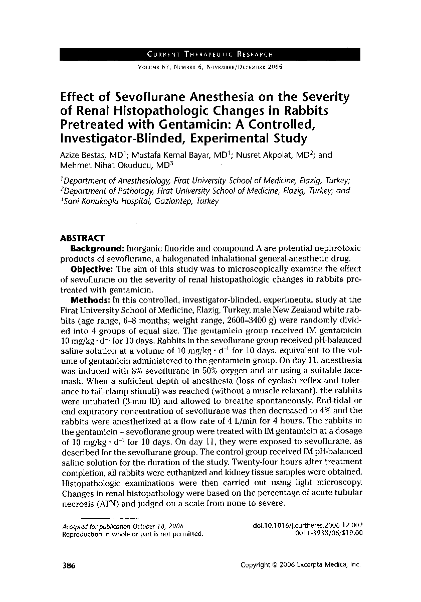 عکس صفحه اول مقاله: Effect of sevoflurane anesthesia on the severity of renal histopathologic changes in rabbits pretreated with gentamicin: A controlled, investigator-blinded, experimental study Effect of sevoflurane anesthesia on the severity of renal histopathologic changes in rabbits pretreated with gentamicin: A controlled, investigator-blinded, experimental study