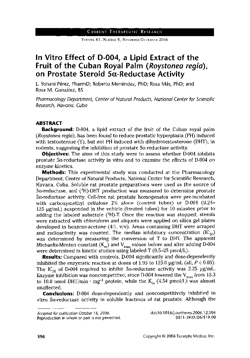 عکس صفحه اول مقاله: In vitro effect of D-004, a lipid extract of the fruit of the cuban royal palm (Roystonea regia), on prostate steroid 5α-reductase activity In vitro effect of D-004, a lipid extract of the fruit of the cuban royal palm (Roystonea regia), on prostate steroid 5α-reductase activity