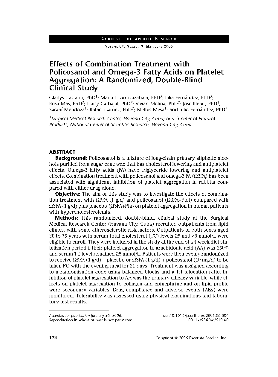 Effects of combination treatment with policosanol and omega-3 fatty acids on platelet aggregation: A randomized, double-blind clinical study