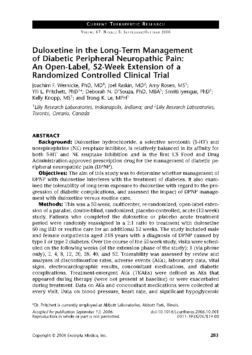 Duloxetine in the long-term management of diabetic peripheral neuropathic pain: An open-label, 52-week extension of a randomized controlled clinical trial