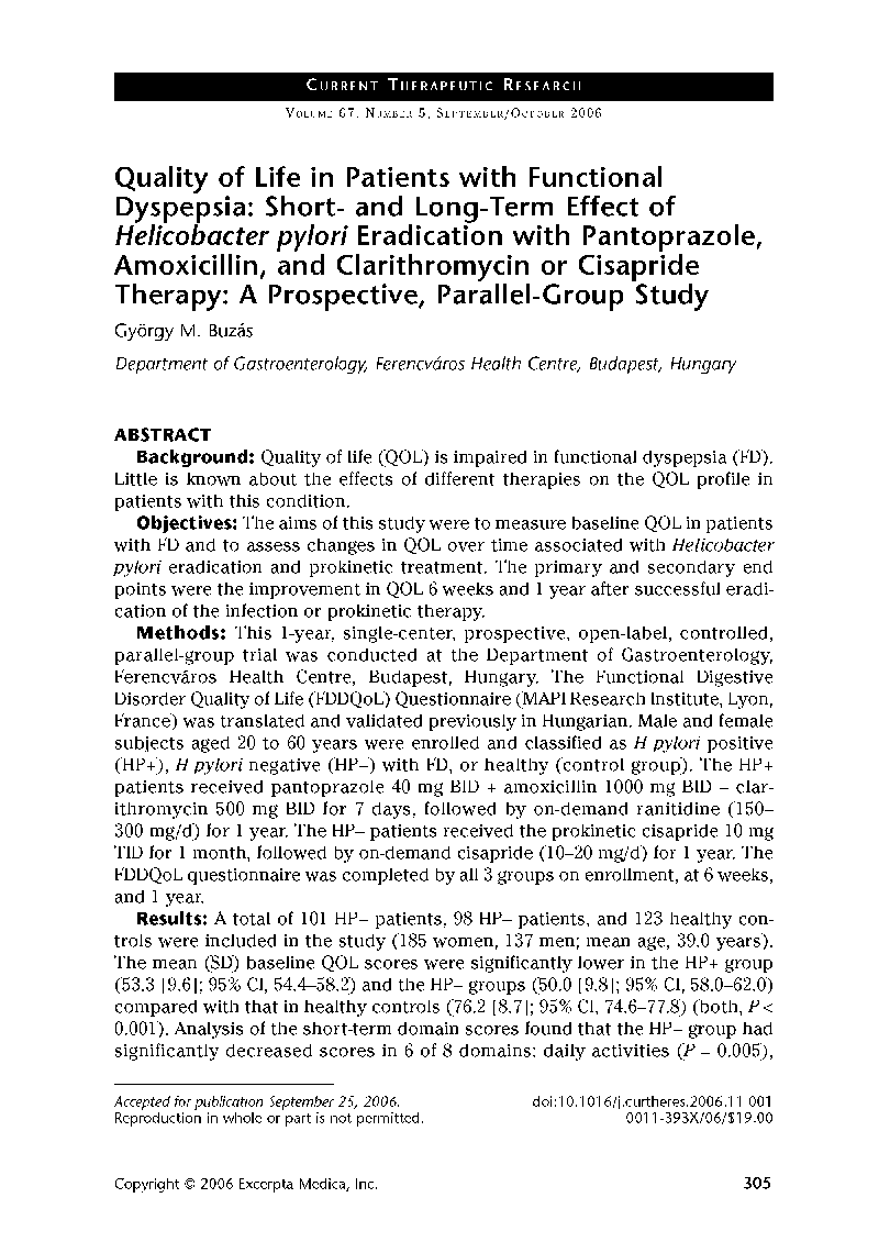 Quality of life in patients with functional dyspepsia: Short- and long-term effect of Helicobacter pylori eradication with pantoprazole, amoxicillin, and clarithromycin or cisapride therapy: A prospective, parallel-group study