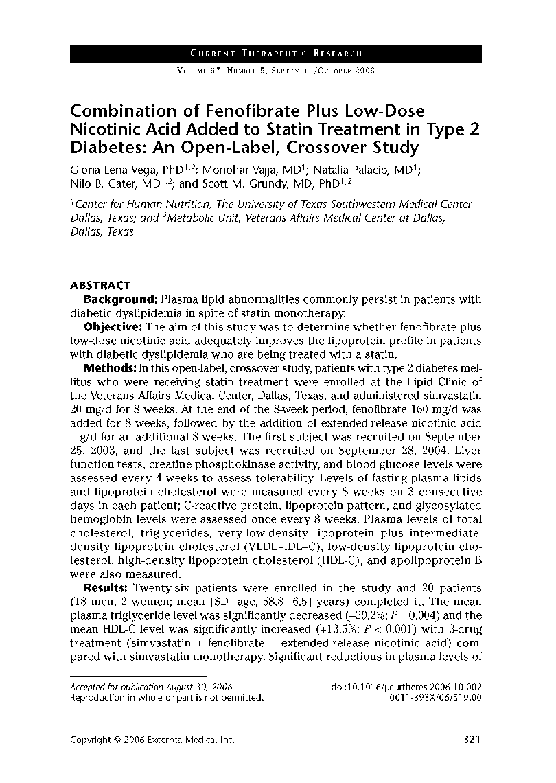 عکس صفحه اول مقاله: Combination of fenofibrate plus low-dose nicotinic acid added to statin treatment in type 2 diabetes: An open-label, crossover study Combination of fenofibrate plus low-dose nicotinic acid added to statin treatment in type 2 diabetes: An open-label, crossover study