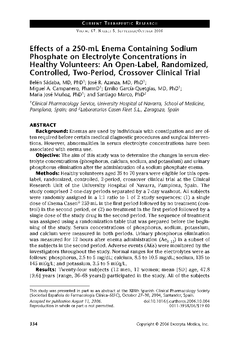 عکس صفحه اول مقاله: Effects of a 250-mL enema containing sodium phosphate on electrolyte concentrations in healthy volunteers: An open-label, randomized, controlled, two-period, crossover clinical trial * Effects of a 250-mL enema containing sodium phosphate on electrolyte concentrations in healthy volunteers: An open-label, randomized, controlled, two-period, crossover clinical trial *