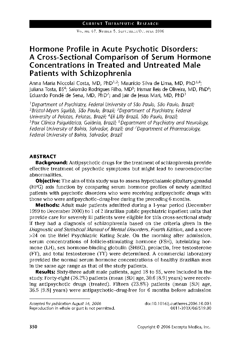 عکس صفحه اول مقاله: Hormone profile in acute psychotic disorders: A cross-sectional comparison of serum hormone concentrations in treated and untreated male patients with schizophrenia Hormone profile in acute psychotic disorders: A cross-sectional comparison of serum hormone concentrations in treated and untreated male patients with schizophrenia