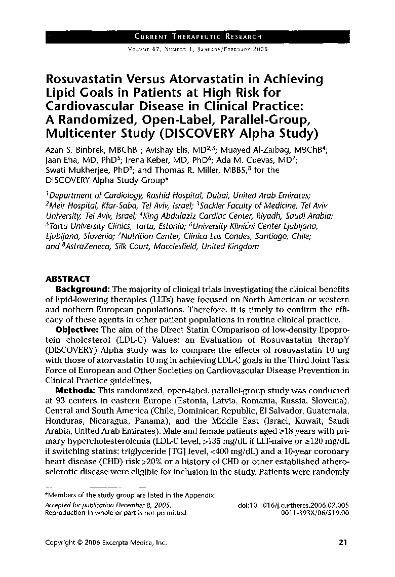 Rosuvastatin versus atorvastatin in achieving lipid goals in patients at high risk for cardiovascular disease in clinical practice: A randomized, open-label, parallel-group, multicenter study (DISCOVERY Alpha study)
