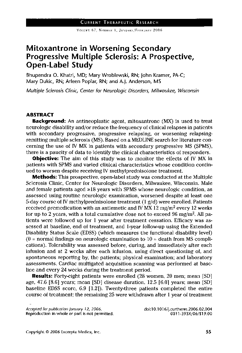 Mitoxantrone in worsening secondary progressive multiple sclerosis: A prospective, open-label study