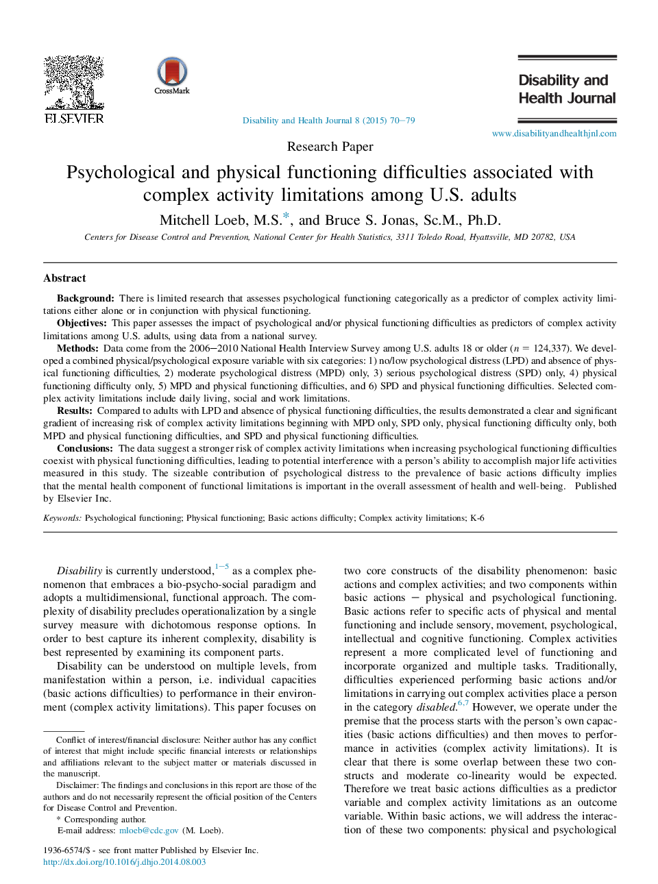 Psychological and physical functioning difficulties associated with complex activity limitations among U.S. adults 