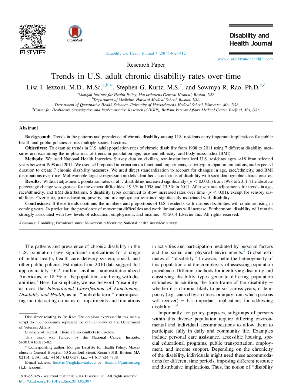 Trends in U.S. adult chronic disability rates over time 