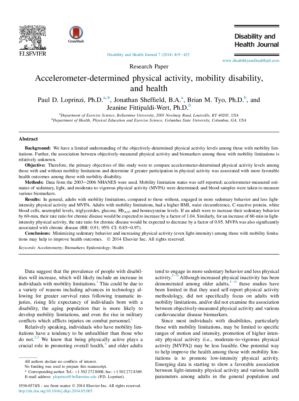 Accelerometer-determined physical activity, mobility disability, and health 