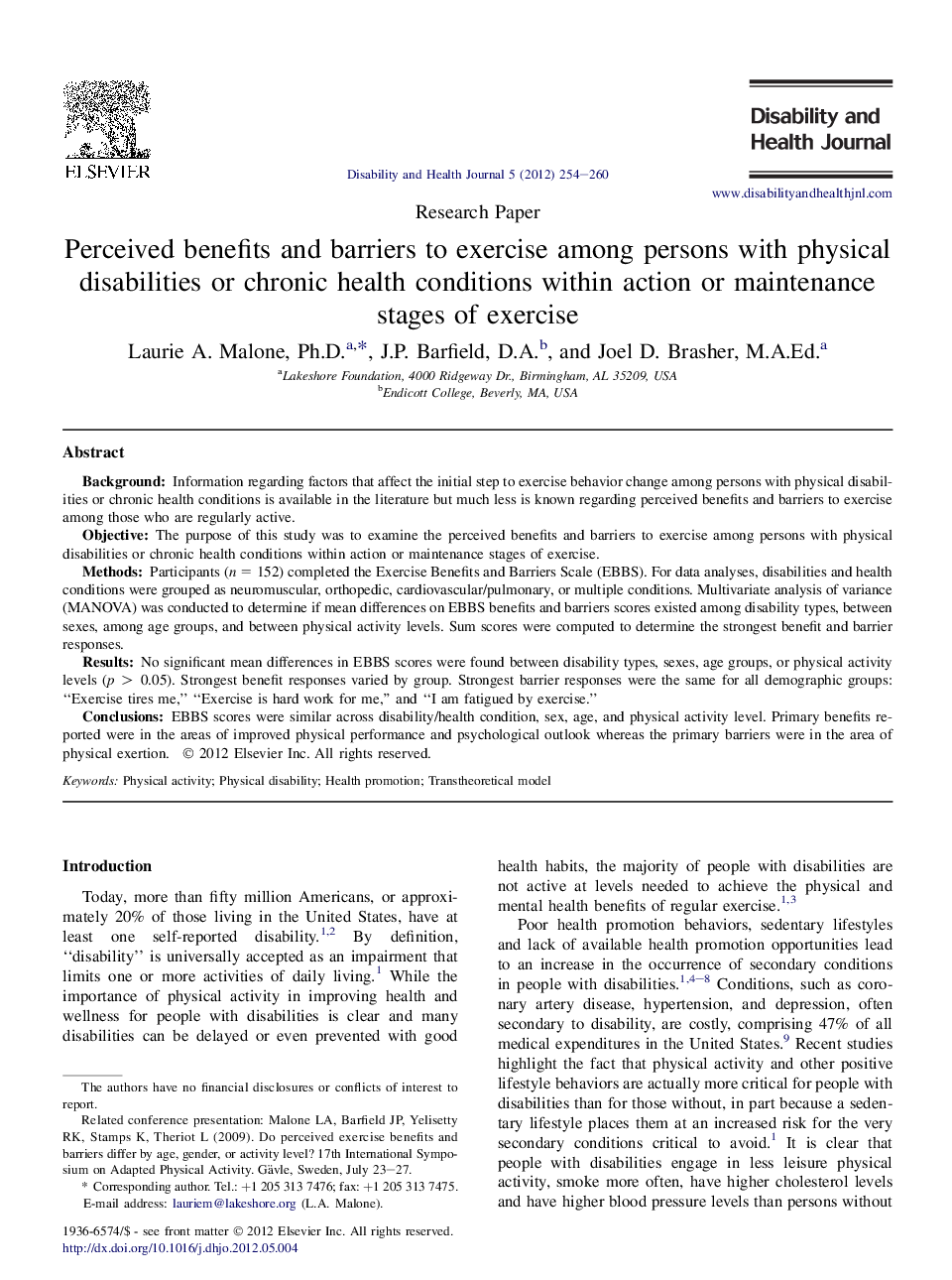 Perceived benefits and barriers to exercise among persons with physical disabilities or chronic health conditions within action or maintenance stages of exercise 