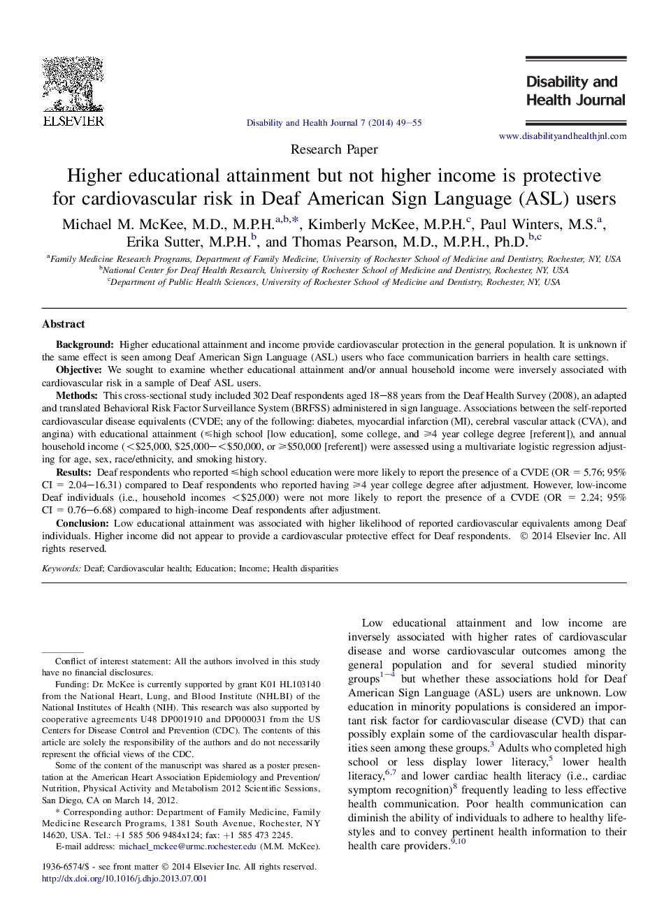 Higher educational attainment but not higher income is protective for cardiovascular risk in Deaf American Sign Language (ASL) users 