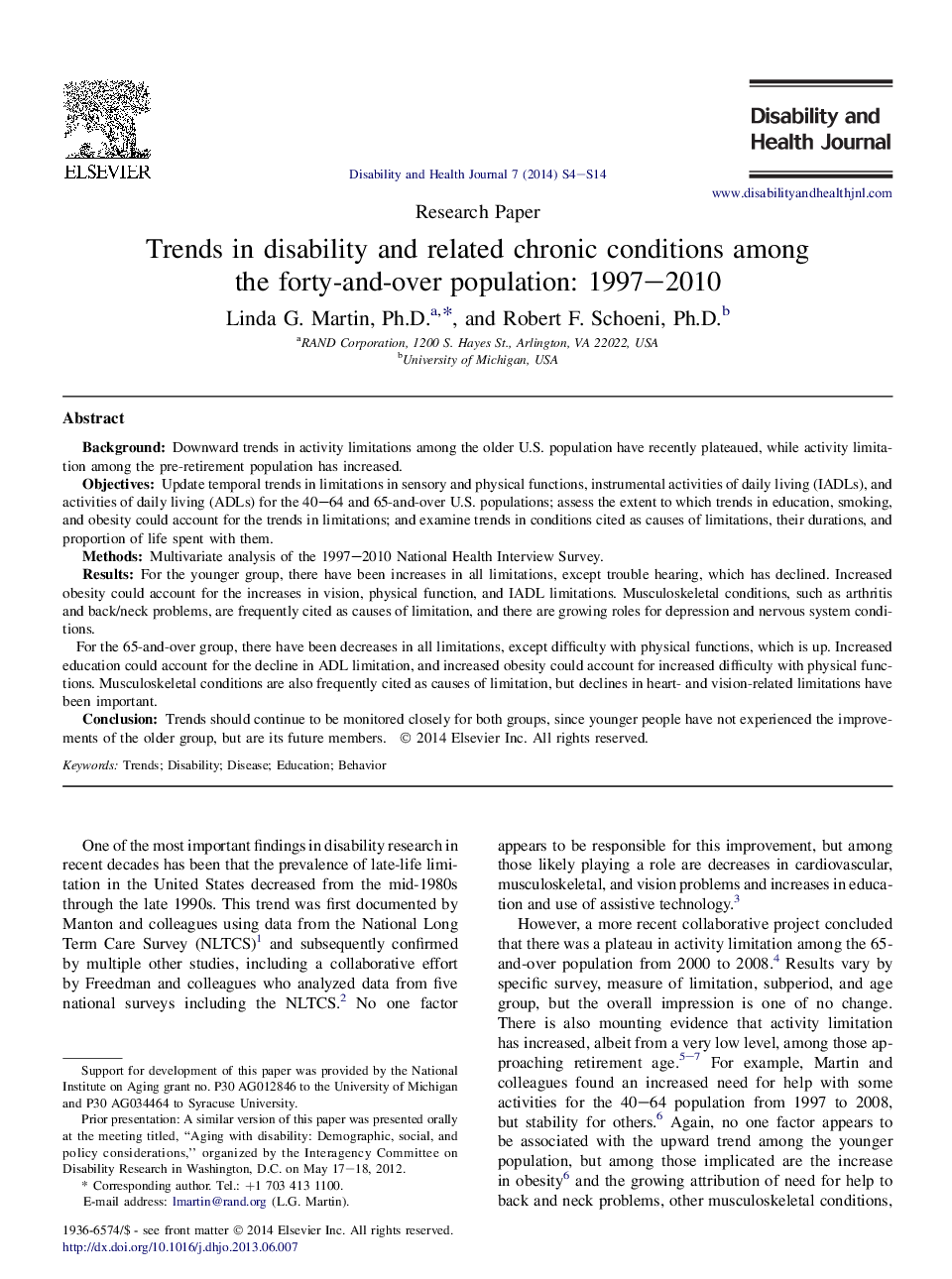 Trends in disability and related chronic conditions among the forty-and-over population: 1997–2010 