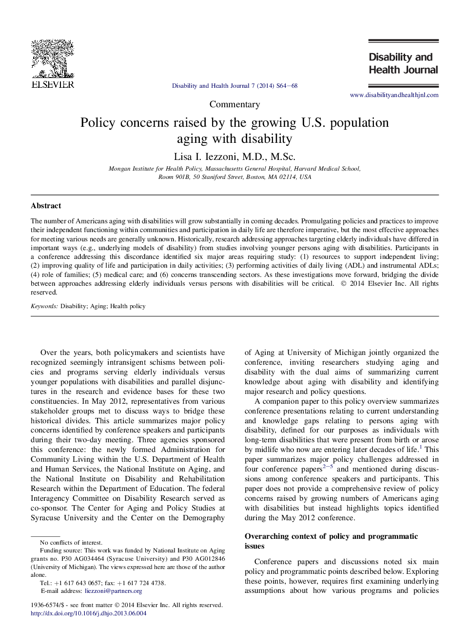 Policy concerns raised by the growing U.S. population aging with disability 